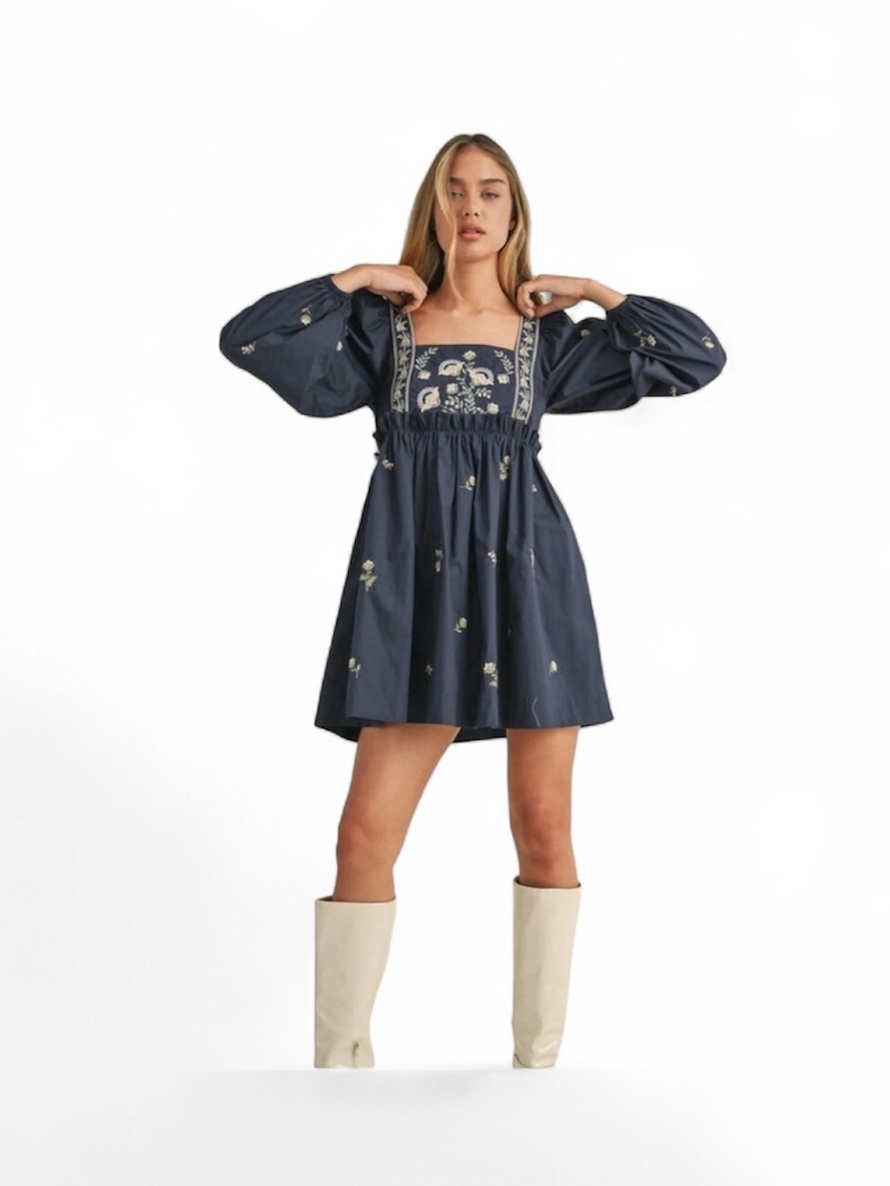 MABLE Navy Floral-Embroidered Square-Neck Mini Dress